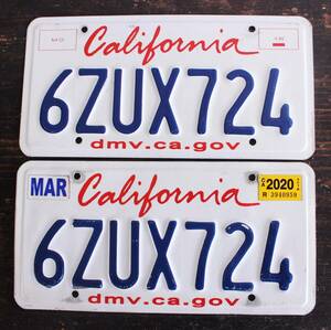 【送料無料】2枚セット! * カリフォルニア ナンバープレート 2013年以降 ライセンスプレート カープレート CALIFORNIA 「6ZUX724」 302