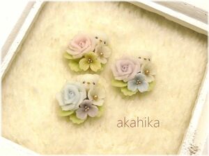 akahika*樹脂粘土花パーツ*ちびねこブーケ・薔薇・3色セット・ピンク・ブルー・パープル