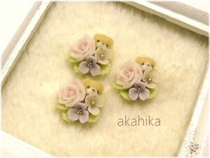 akahika*樹脂粘土花パーツ*ちびくまブーケ・薔薇・ピンク＆パープル