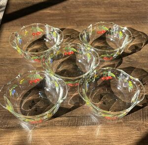 岩城ガラス パイレックス IWAKI GLASS さくらんぼ柄　耐熱ガラス 直径約10cm 5枚 セット 花柄