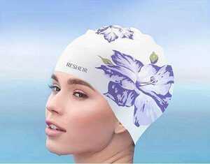 再入荷しました!【プールに映える！】花柄swimming cap《ハイビスカス》柔らかい上質シリコン素材　白