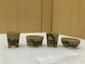 YK9650 中国美術？ミニ　盆栽鉢 植木鉢 時代物 4点まとめ　現状品　0216