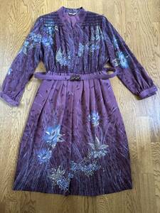 昔　古い　花柄長袖ワンピース　ベルト付　紫