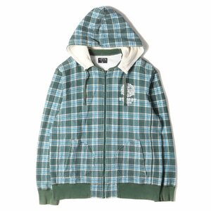 STUSSY ステューシー パーカー サイズ:XL 00s 後付けフード チェック ジップ スウェット パーカー グリーン ブルー トップス フーディー