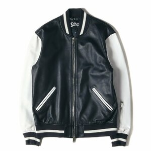 美品 SOPHNET ソフネット ジャケット サイズ:M Schott ショット ラムレザー 裏地バンダナ柄 スタジャン LEATHER STADIUM JACKET ネイビー