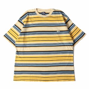 STUSSY ステューシー Tシャツ サイズ:L 90s 紺タグ ストックロゴ クルーネック ボーダーTシャツ イエロー ネイビー 00年代 アーカイブ