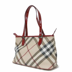  прекрасный товар BURBERRY Burberry сумка большая сумка бежевый красный плечо плечо ..A4 застежка-молния проверка PVC эмаль кожа бренд 