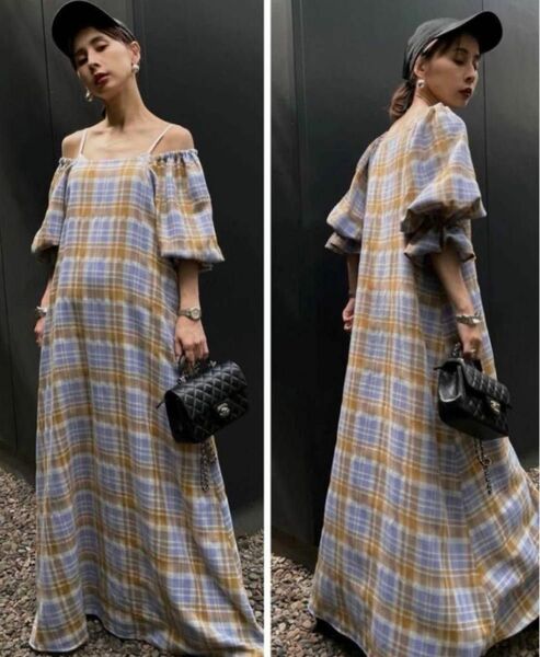 LACEY CHECK PUFF DRESS パープル　Sサイズ