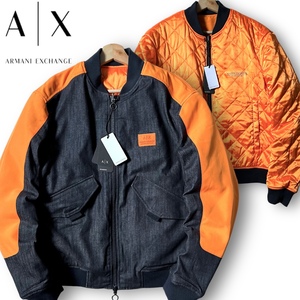 新品 ARMANI EXCHANGE アルマーニ 定4.1万 本国モデル デニム調×キルティング リバーシブル エコダウンジャケット ブルゾン MA-1 L◆B3084