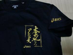 アシックス・ドライ半袖Tシャツ・黒×ゴールド色・サイズM