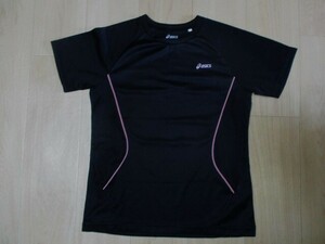 アシックス・ドライ半袖Tシャツ・黒×ピンク色・サイズM
