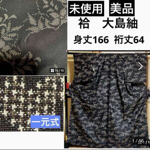 未使用　美品　身丈166 裄64 袷　大島紬　貴重な一元式　小紋　ブラック