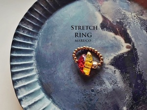 △MARUCO△RING380-1232琥珀 ROUGH AMBER+HEMATITE*天然石の指輪 STRETCH FREE RING　[送料無料] 