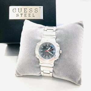 1円～★ GUESS STEEL　腕時計　クォーツ　デイト　アナログ　ラウンド　タキメーター　ダイバーズウォッチ　箱有　コマ有　Y2401-533