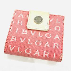 1円～★BVLGARI ブルガリ ロゴマニア 二つ折り長財布 キャンバス レザー ピンク ホワイト　Y236-260