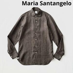 Maria Santangelo マリアサンタンジェロ ワイドカラー リネン シャツ 40 ブラウン 茶 メンズ 麻 春夏 長袖 イタリア製 国内正規