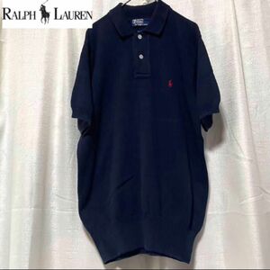 RALPH LAUREN ラルフローレン 半袖ニット 刺繍 ポロニット 制服 S 半袖 ニットポロシャツ コットン ネイビー 濃紺