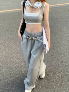  new goods plain gray wide leg pants sweat jersey grey yoga sport part shop put on belt attaching 