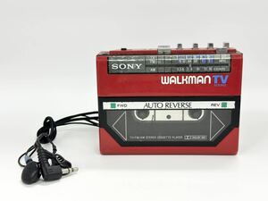 【1A75】1円スタート SONY STEREO CASSETTE PLAYER WALKMAN TV SOUND WM-F55 ソニー ウォークマン カセットプレーヤー レッドカラー 