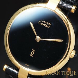 Cartier カルティエ マストヴァンドーム ヴェルメイユ SV GP 革 QZ 黒 文字盤 インデックスなし メンズ 腕時計 純正ボックス「23382」