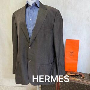 極美品 HERMES ジャケット 毛 麻 豪華 光沢 高級 ブランド 52 上品 極上 大人気 紳士 服 メンズ 百貨店 ダークブラウン エルメス 上着 礼服