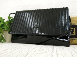 FENDI フェンディ◆エナメル パテント レザー 本革◆ショルダー バッグ◆黒 緑 G金具◆美品◆ストライプ ロゴ型押し◆ヴィンテージ◆N7532