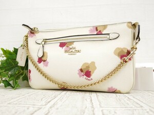 COACH コーチ◆PVC カーフ レザー 本革◆チェーン ミニ ハンド バッグ◆ホワイト ゴールド金具◆美品◆花柄◆ロゴ金具◆腕掛け◆N7498