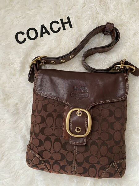 COACHし ショルダーバッグ シグネチャー ブラウン系美品レザー 