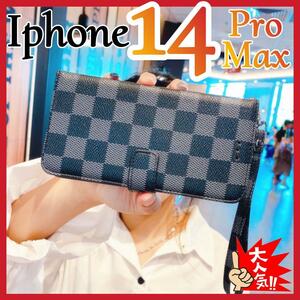 Iphone14ProMax ケース　手帳型　黒色　チェック柄 PUレザー