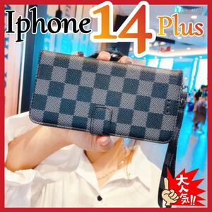 Iphone14Plus ケース　手帳型　黒色　チェック柄 PUレザー　大人気　アイホン14プラスカバー