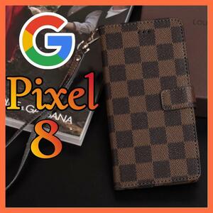 Google Pixel 8 ケース手帳型　茶色　チェック柄 PUレザー　シンプル スリムシック　高級デザイン 耐衝撃 カード収納 おしゃれ かわいい