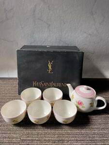 【新品】未使用品 イブサンローラン Yves Saint Laurent ティーポット カップ 急須 湯呑み 5客セット 花柄 ホワイト 箱付きYSL 茶器セット