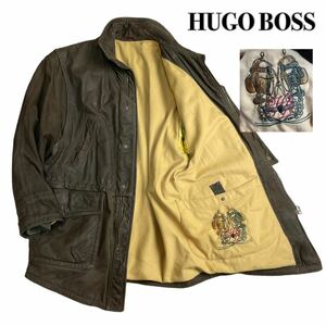 激レア HUGO BOSS ヒューゴボス 本革 レザージャケット ブラウン ヌメ革 XL 刺繍ロゴ ワッペン 1スタ(1円スタート)