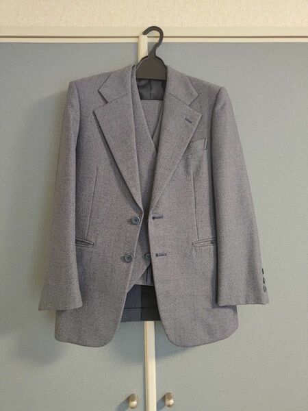 【断捨離セール】スーツ ウィンドウペン スリーピース ブルーグレー フレアパンツ ウール100%