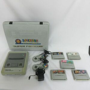 hm0217【100】任天堂 スーパーファミコン 本体・コントローラー2個 ソフト【ドンキーコング他5個】ケース付き まとめて 通電品 動作未確認