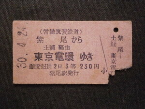 常總筑波鉄道　３等 紫尾から土浦経由 東京電環ゆき切符