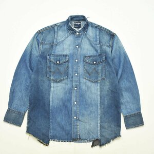 ★アメカジ 古着 ラングラー Wrangler デニム シャツ M インディゴ ウエスタン バンドカラー カットオフ リメイク 立体裁断 再構築 加工★