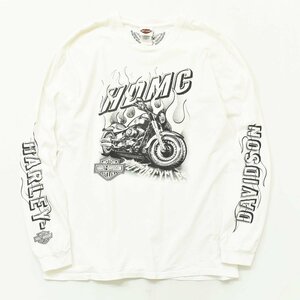 ★US 古着 ハーレーダビッドソン HARLEY DAVIDSON ロンT XL ホワイト L／S カットソー 両面 ビッグプリント ルーズ アメカジ ストリート★