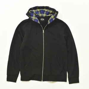 ★美品 ストリート 古着 ステューシー STUSSY ジップ パーカー L ブラック スウェット トレーナー 裏 パイル チェック 切替 ロゴ ルーズ★