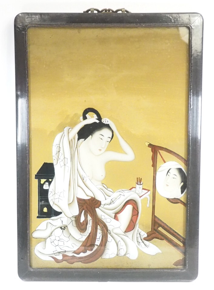 Un charme mystérieux que l’on ne retrouve pas dans les peintures à l’huile ou les gravures ! Période Meiji vintage Vidroe Peinture sur verre Ukiyoe Belles femmes Article encadré Se préparer KYN602, ouvrages d'art, peinture, autres