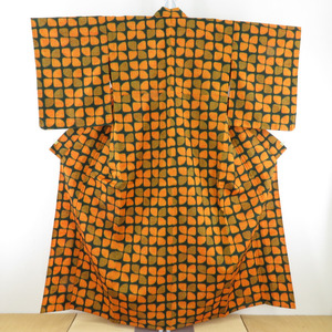 ウール着物 単衣 花市松模様 織り文様 バチ衿 グリーン色 オレンジ色 カジュアルきもの 仕立て上がり 身丈156cm 美品