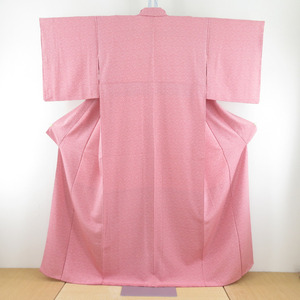小紋 羽根模様 袷 広衿 ピンク色ｘ白色 正絹 カジュアル着物 仕立て上がり 身丈160cm