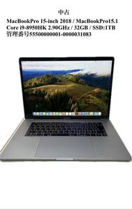 中古MacBookPro 15-inch 2018 / MacBookPro15.1 Core i9-8950HK 2.90GHz / 32GB / SSD:1TB / 管理番号55500000001-0000031083