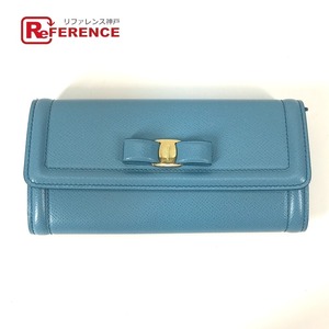 新品同様 Salvatore Ferragamo サルヴァトーレフェラガモ 22D154 ヴァラ リボン ロングウォレット パスケース 長財布 ブルー【中古】