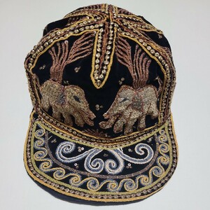 装飾帽子 スパンコール 刺繍 キャップ 象 ゴージャスな帽子 レトロ