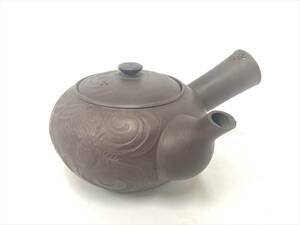 X50●【白山】 造 龍彫 横手 急須 煎茶 茶道具 茶器 朱泥 陶器 紫砂 在銘