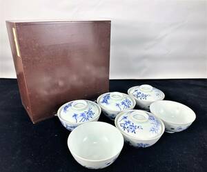 E134●福在銘【染付光琳草花絵茶碗】青華磁器 六客 煎茶道具 茶器 茶具 有蓋（4客）陶器 共箱 在銘 総重約：1191g