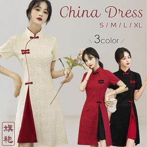 [S][ red ] China dress Mini race is possible to choose 3 color 4 size tea ina clothes tea ina One-piece Mini China dress large size short sleeves 