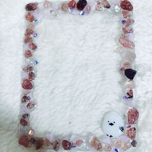 天然石ストロベリークォーツ、水晶、オパール デコ硬化ケース トレカケース チェキ サイズB8写真 レジンデコ