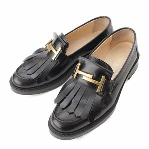 [ Tod's ]Tods leather double T tassel fringe Loafer shoes black 38 1/2 [ used ][ regular goods guarantee ]200945